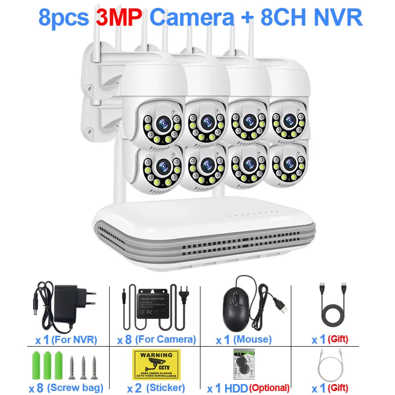 Wireless Camera System 8CH 3MP Outdoor PTZ Camera Kit CCTV AI Human Detect Color Night Vision Video Surveillance Set Icsee