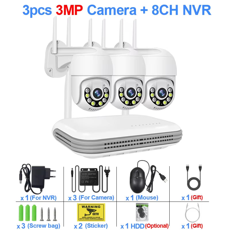 Wireless Camera System 8CH 3MP Outdoor PTZ Camera Kit CCTV AI Human Detect Color Night Vision Video Surveillance Set Icsee