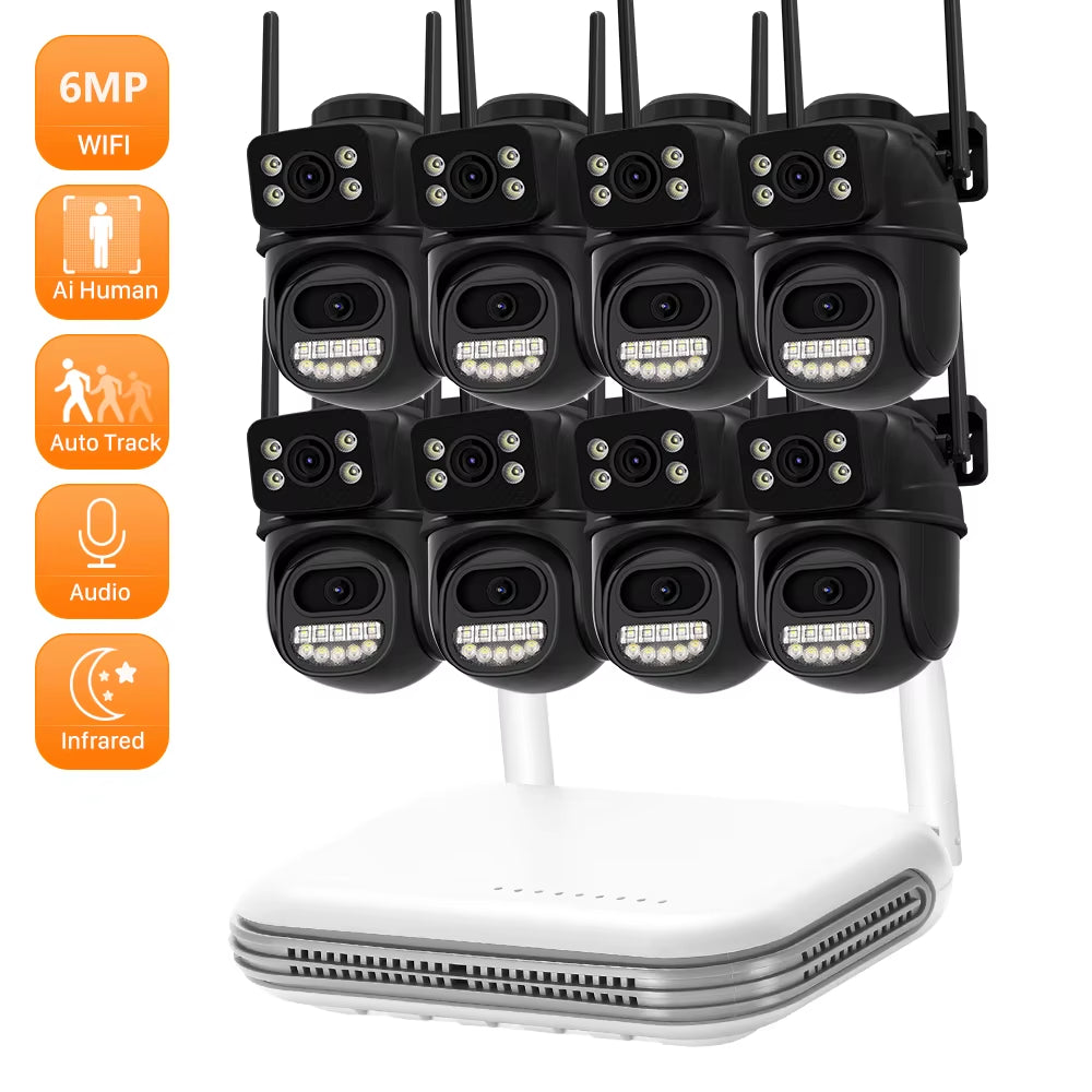 Wireless CCTV System Wifi Camera Kit 6MP PTZ IP Cameras with Dual Lens Security Audio 8CH NVR Video Surveillance Set Icsee APP