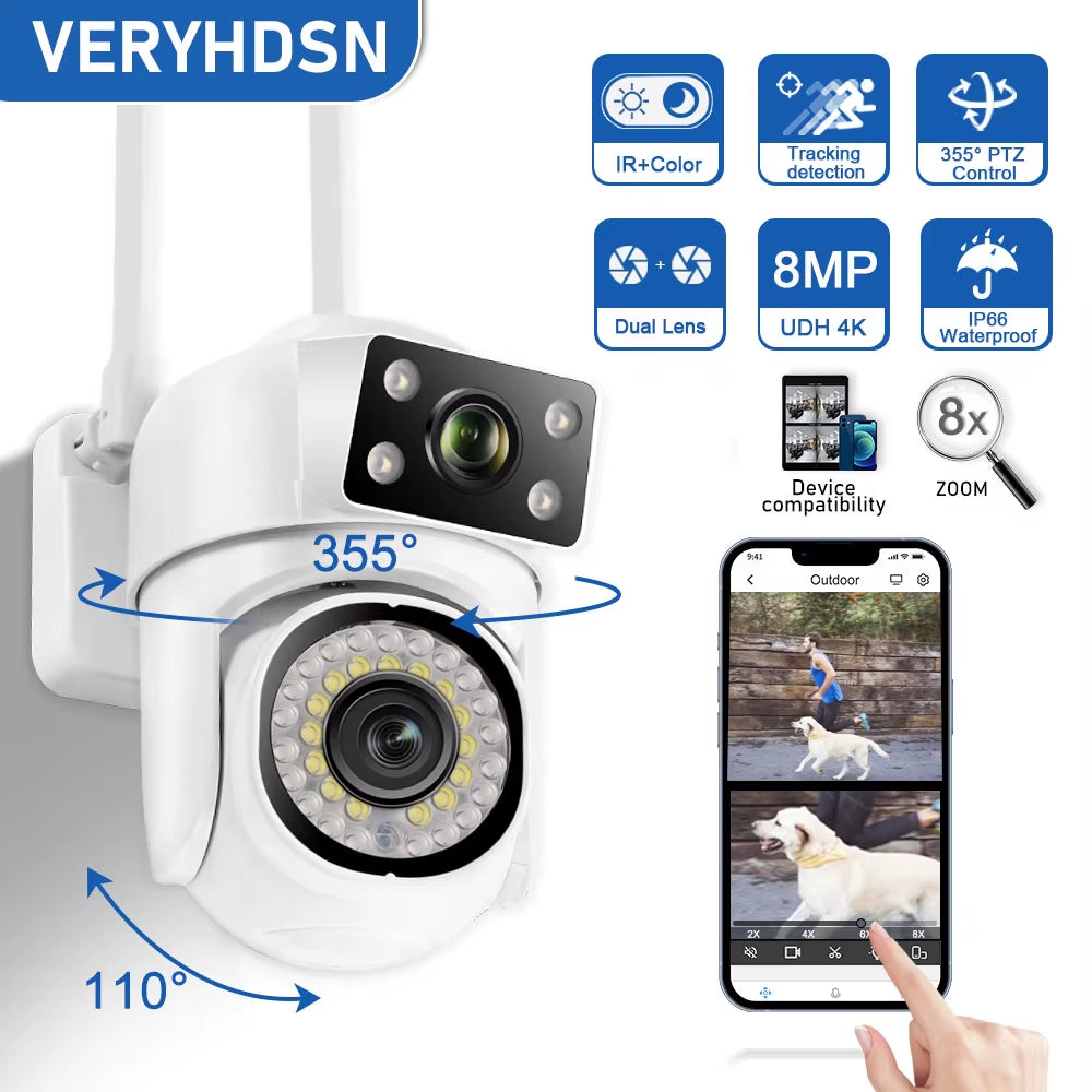 VERYHDSN 8MP PTZ Wifi Camera Dual Lens Human Detect Tracking Outdoor CCTV Security Waterproof Surveillance Cameras Night Vision