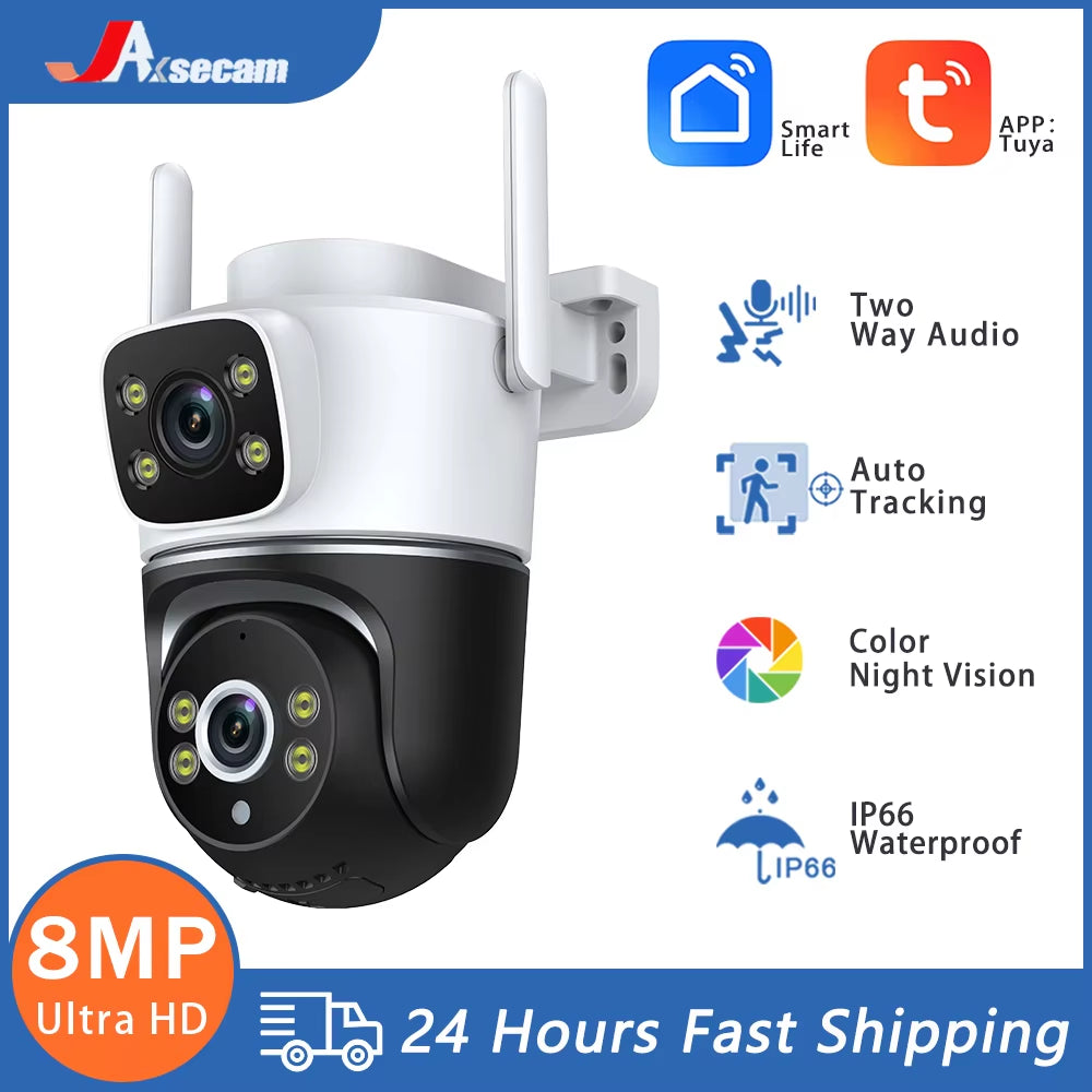 Tuya 8MP Wifi Camera 4K Surveillance Dual Lens Dual Screen PTZ Home Security-Protection CCTV Mini Video Security Camera Outdoor