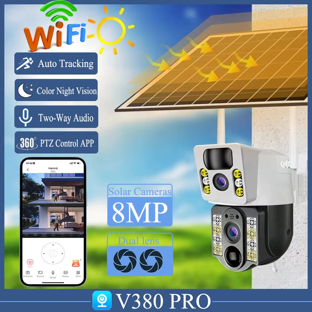 8MP Low Power Solar Security Cameras Wi-Fi Wireless Outdoor Dual Lens V380 Pro CCTV Security Protection Monitor